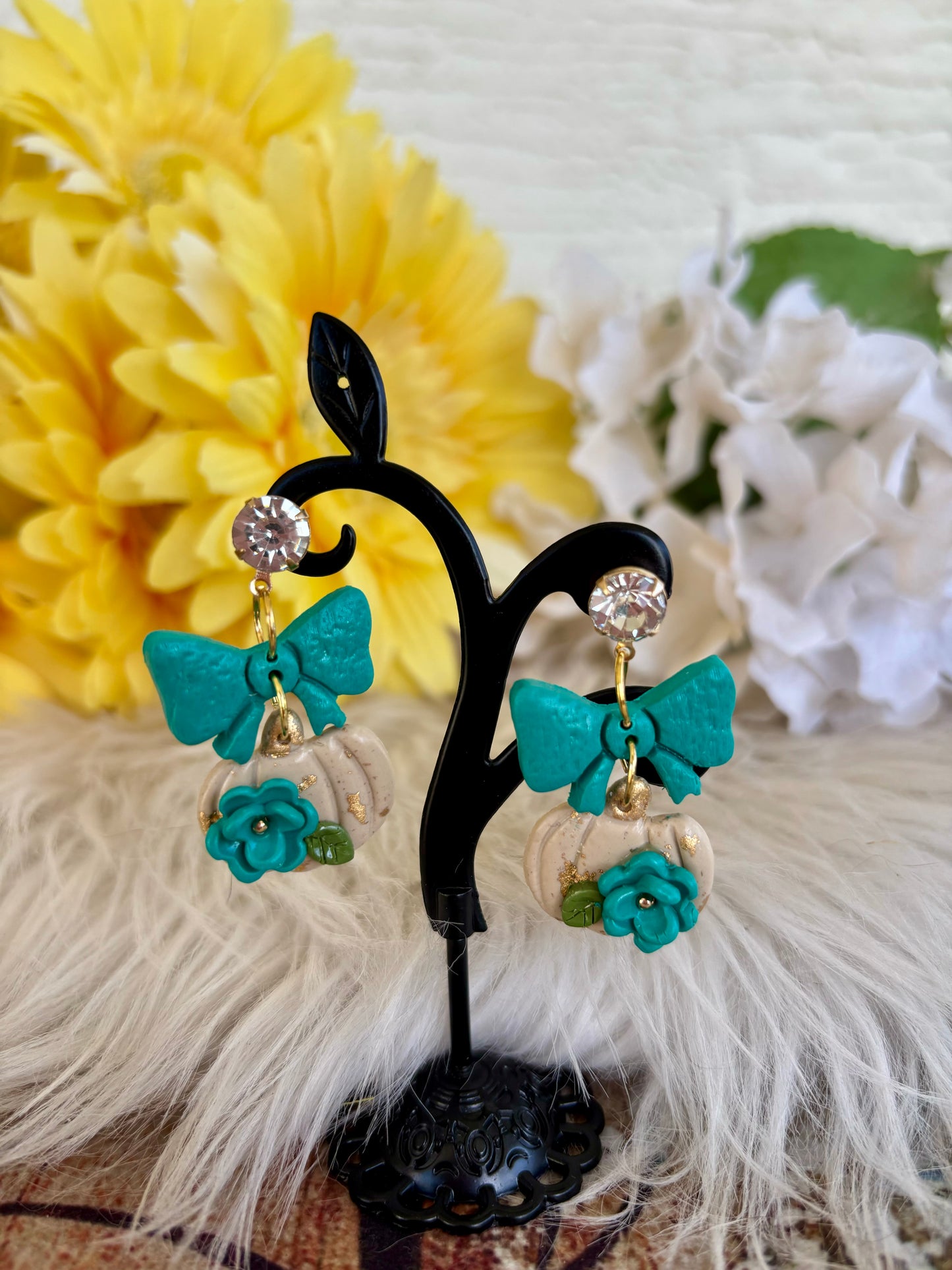 READY TO SHIP Teal and Cream Pumpkin Floral Bow Clay Earrings.