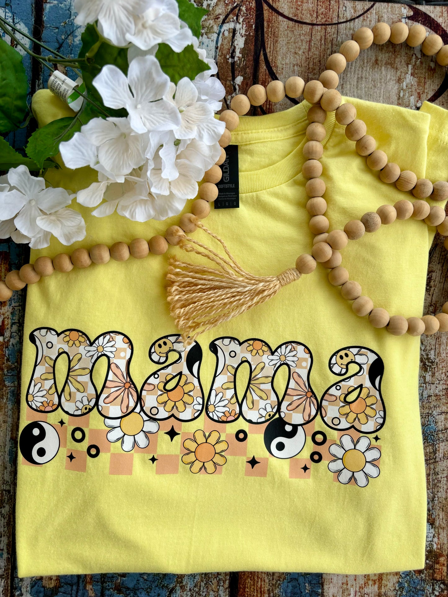 READY TO SHIP Mama peace floral yellow Size L - OTHER SIZES AND COLORS AVAILABLE!
