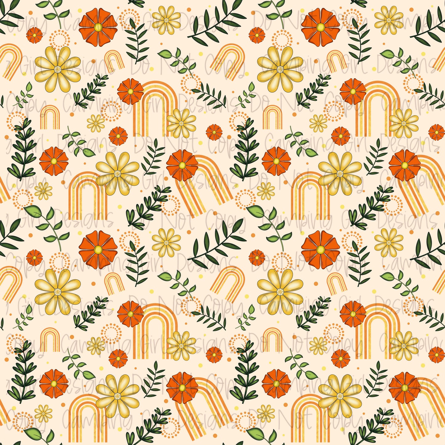 Orange & yellow floral rainbow 12x12 seamless PNG image - 4 files included!!