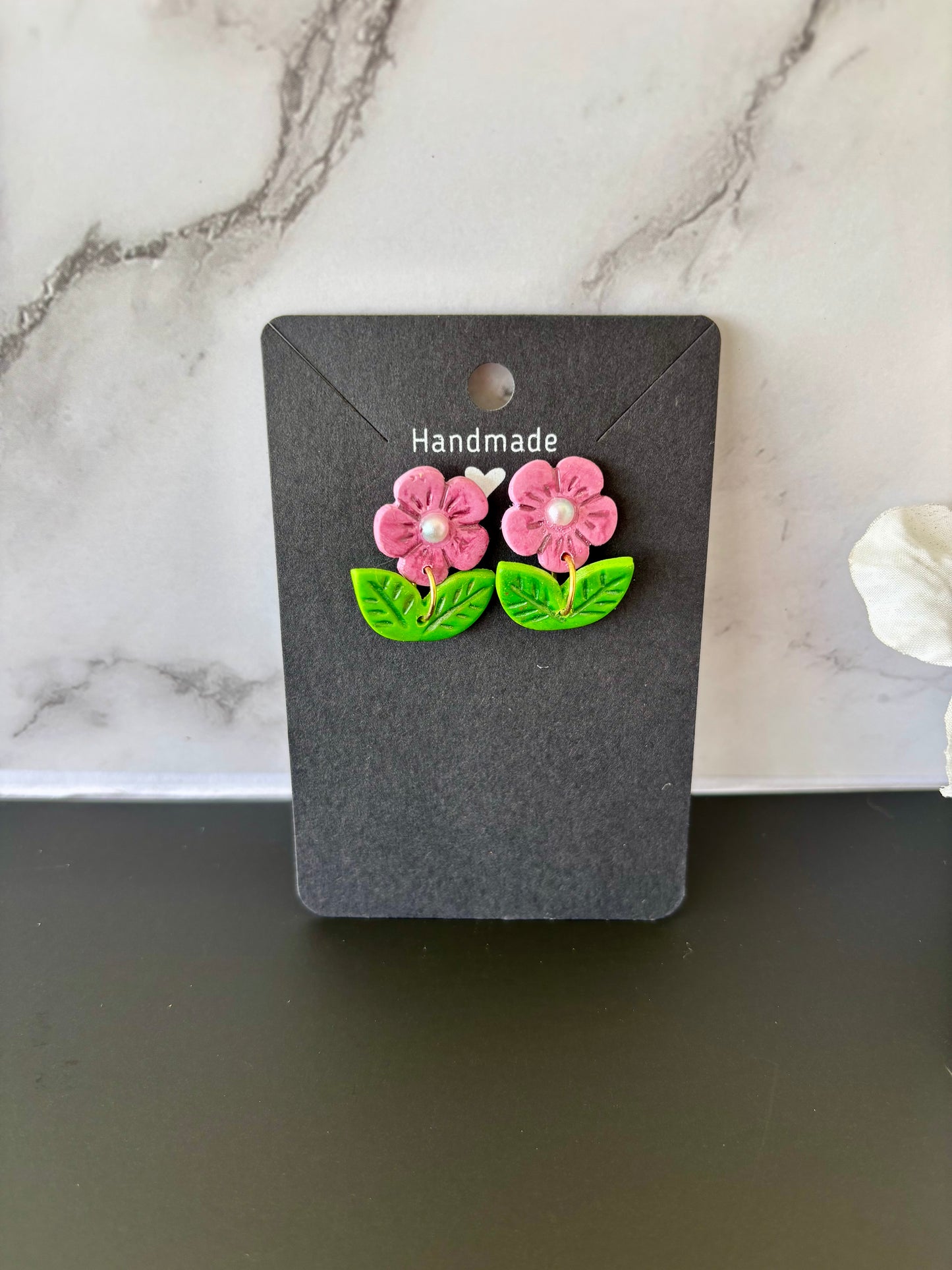 READY TO SHIP Pink Flower Clay Earrings