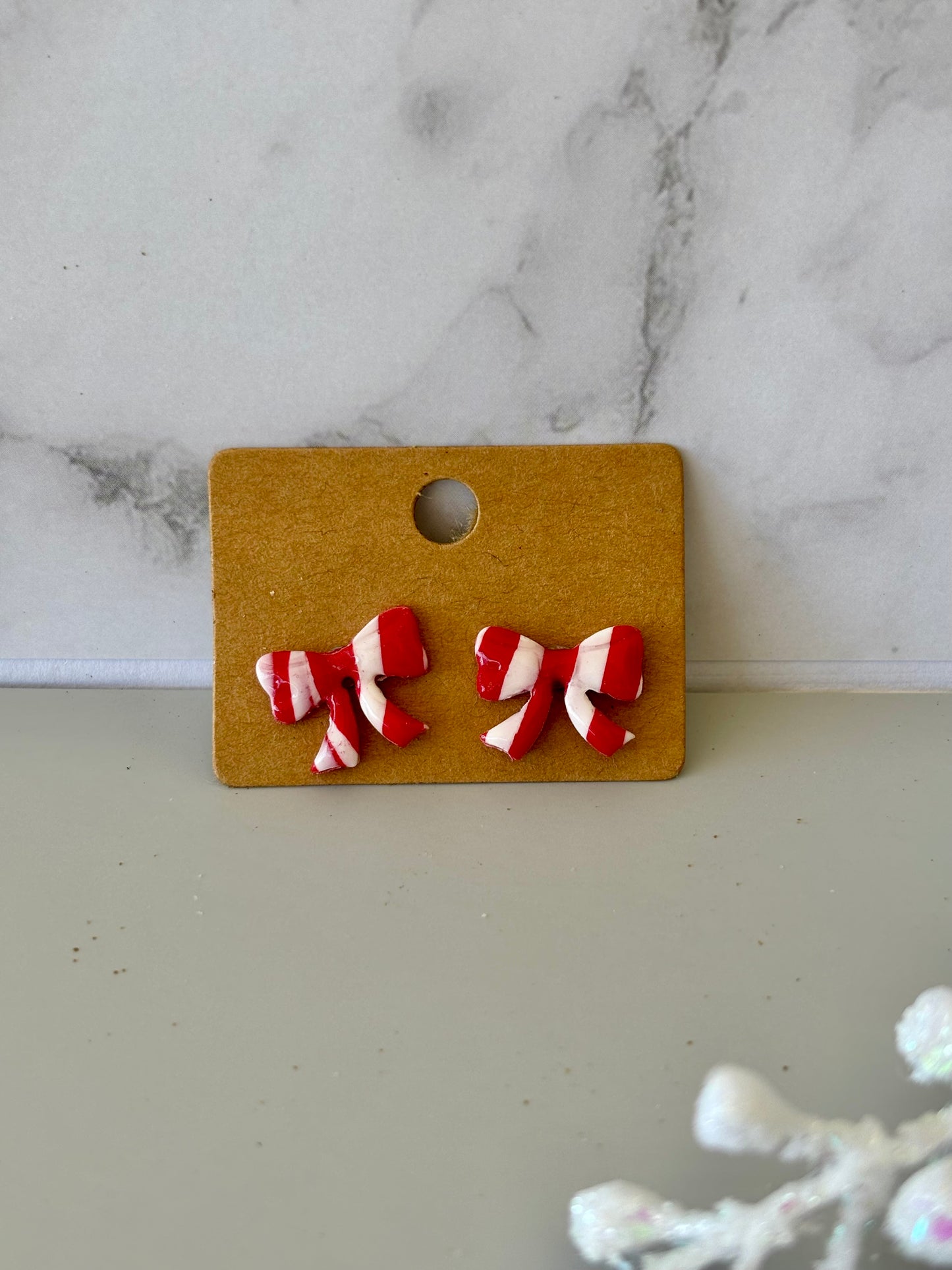 READY TO SHIP Candy Cane Small Bows Clay Earrings