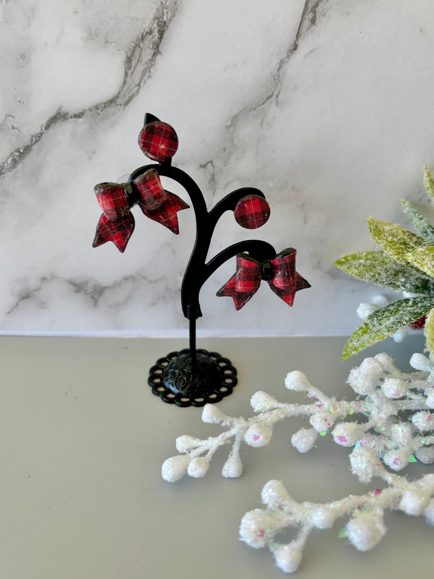READY TO SHIP Buffalo plaid Bow and Stud Set Clay Earrings