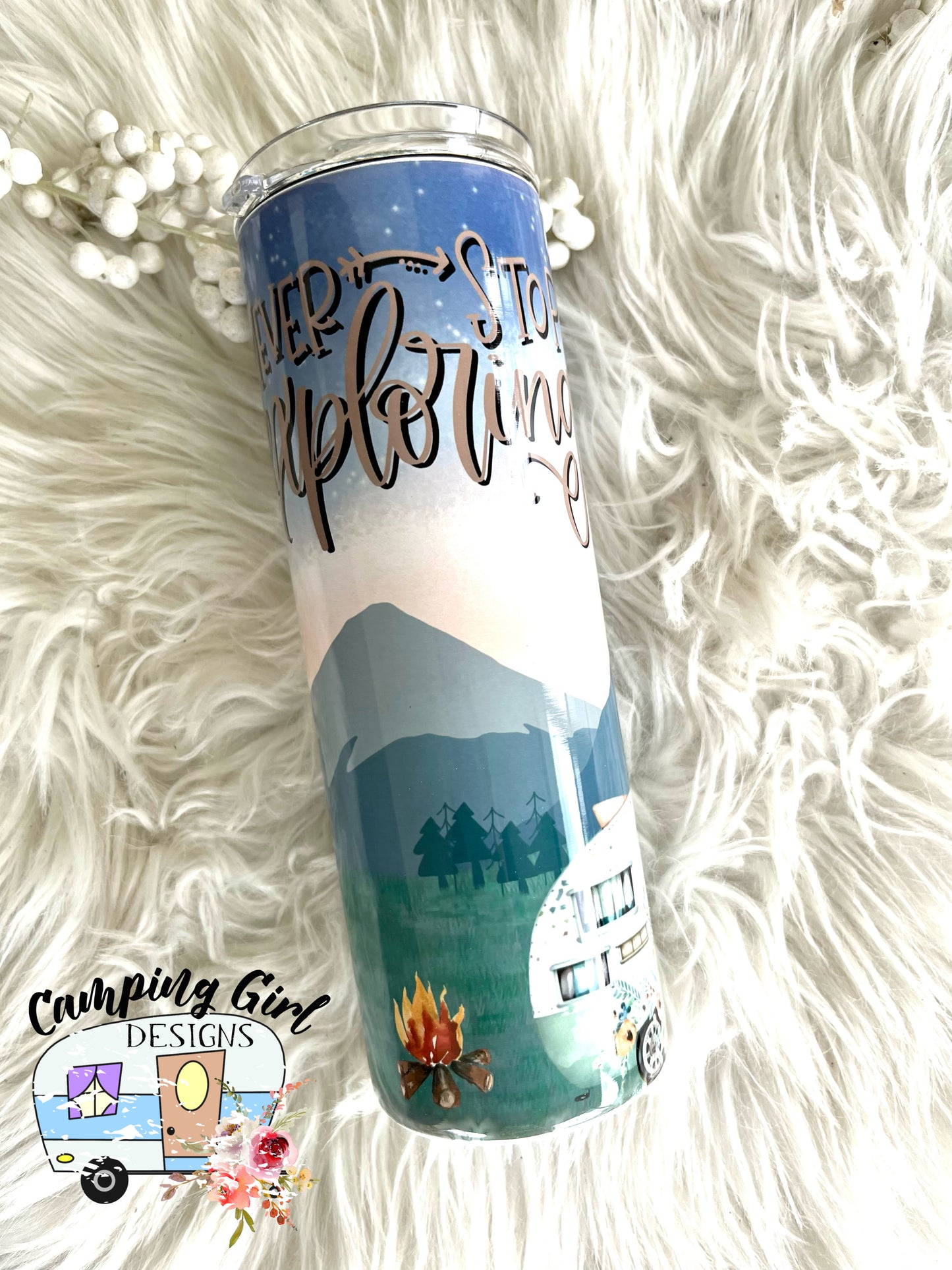 READY TO SHIP 20 oz Never Stop Exploring camping sublimation tumbler