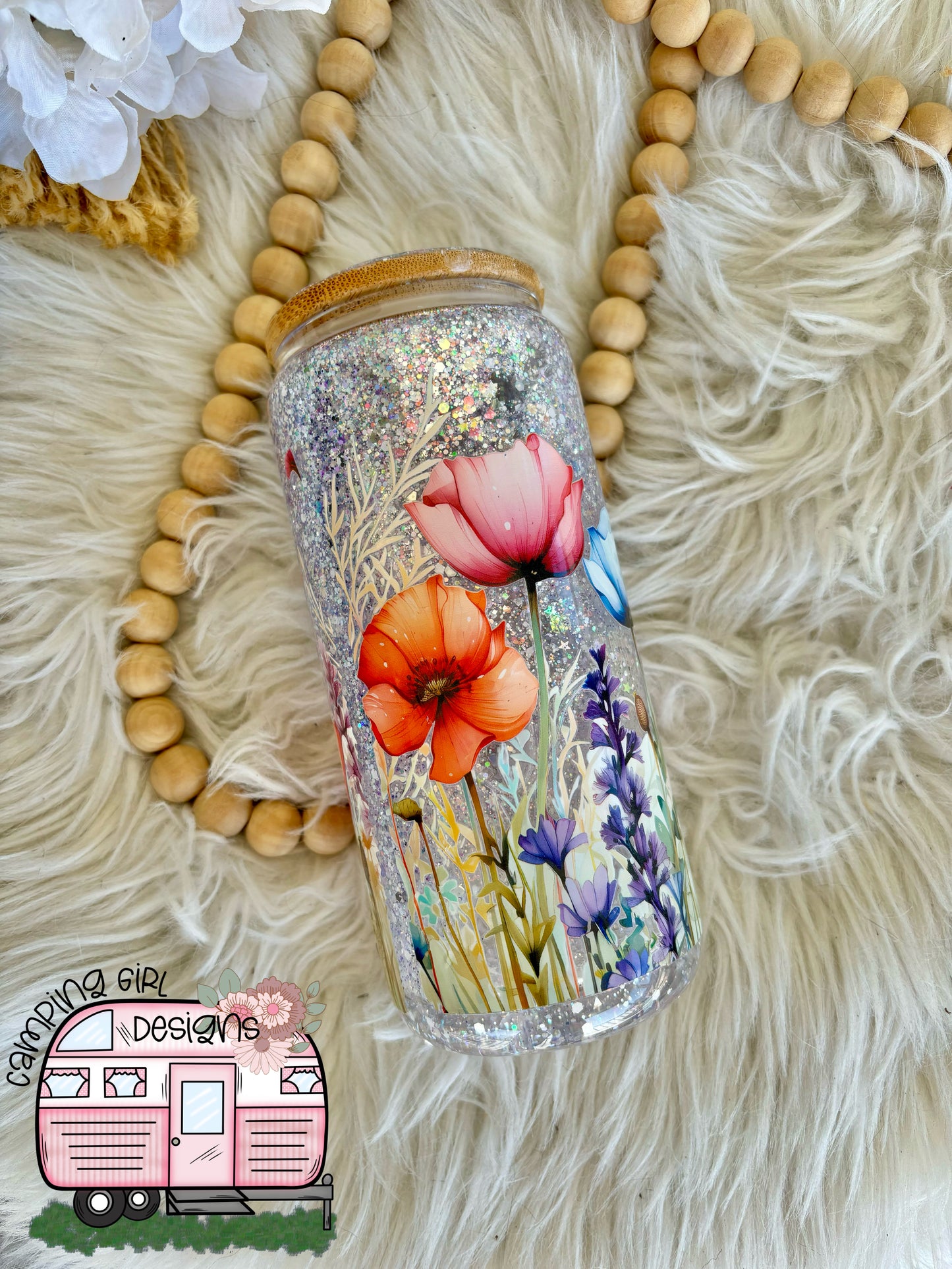 READY TO SHIP 16 oz Floral glitter snowglobe glass tumbler