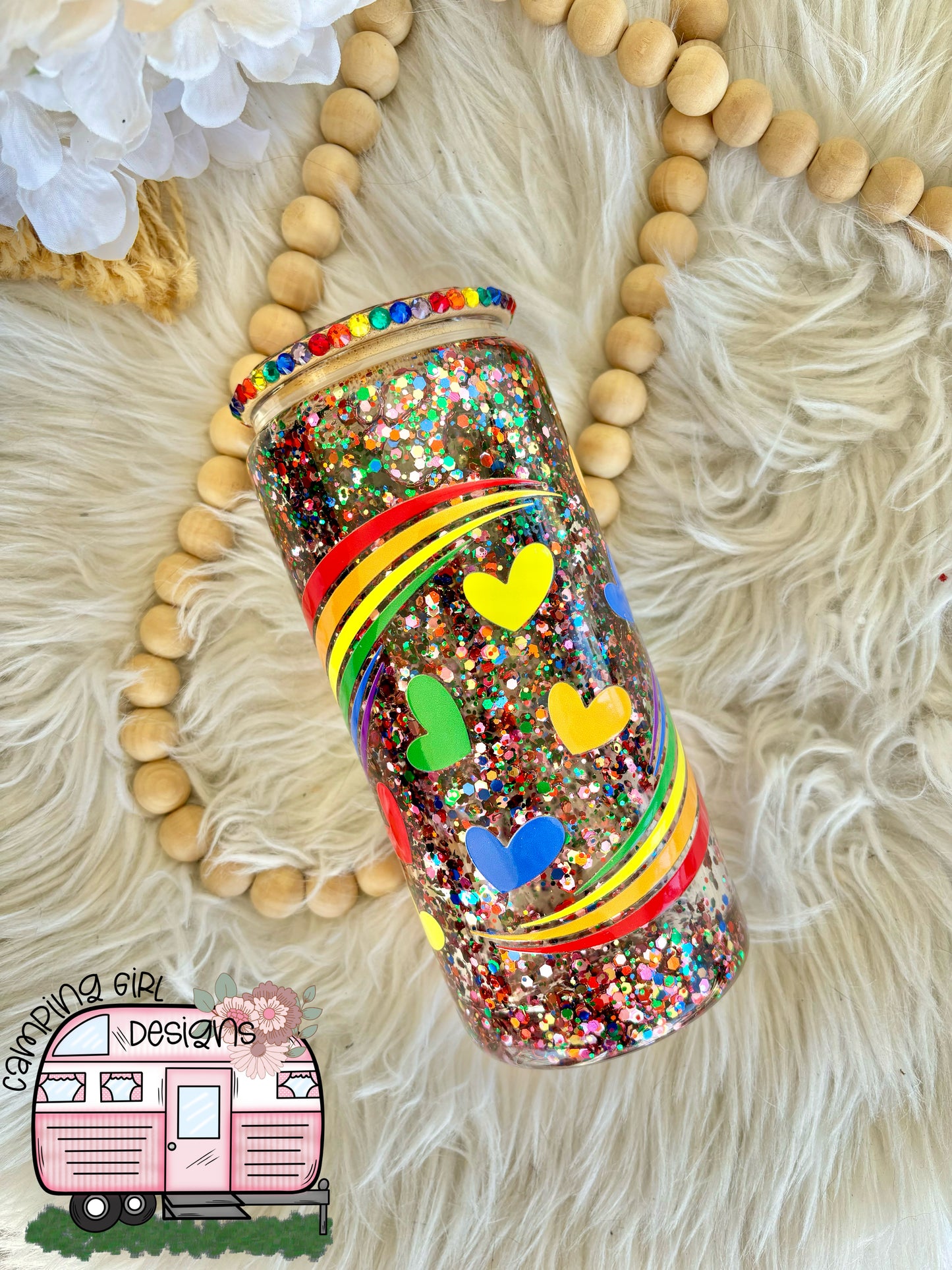 READY TO SHIP 16 oz Rainbow hearts glitter snowglobe glass tumbler