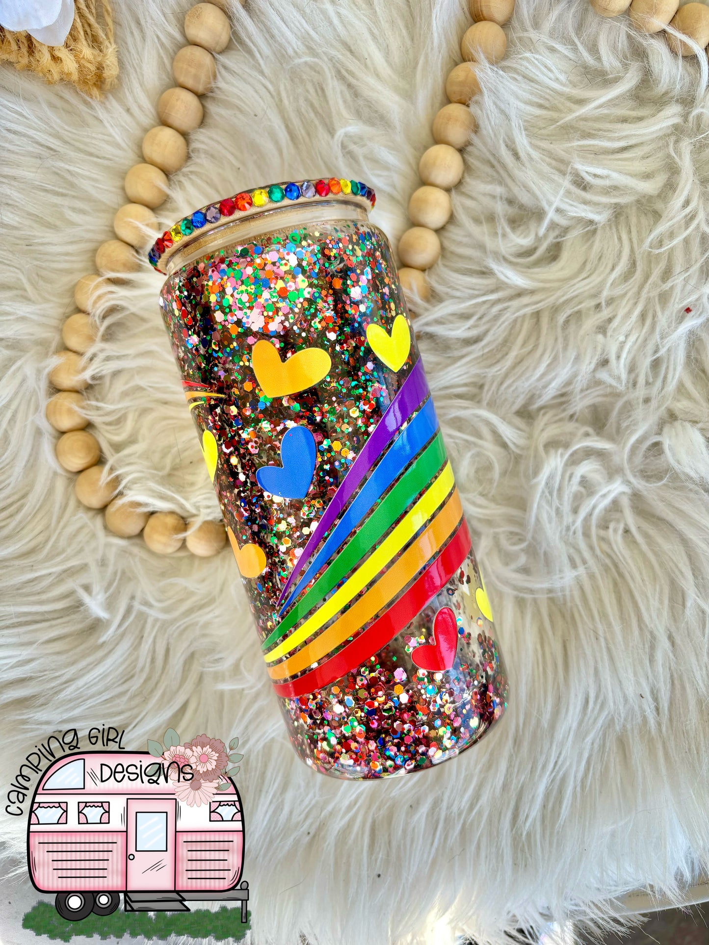 READY TO SHIP 16 oz Rainbow hearts glitter snowglobe glass tumbler