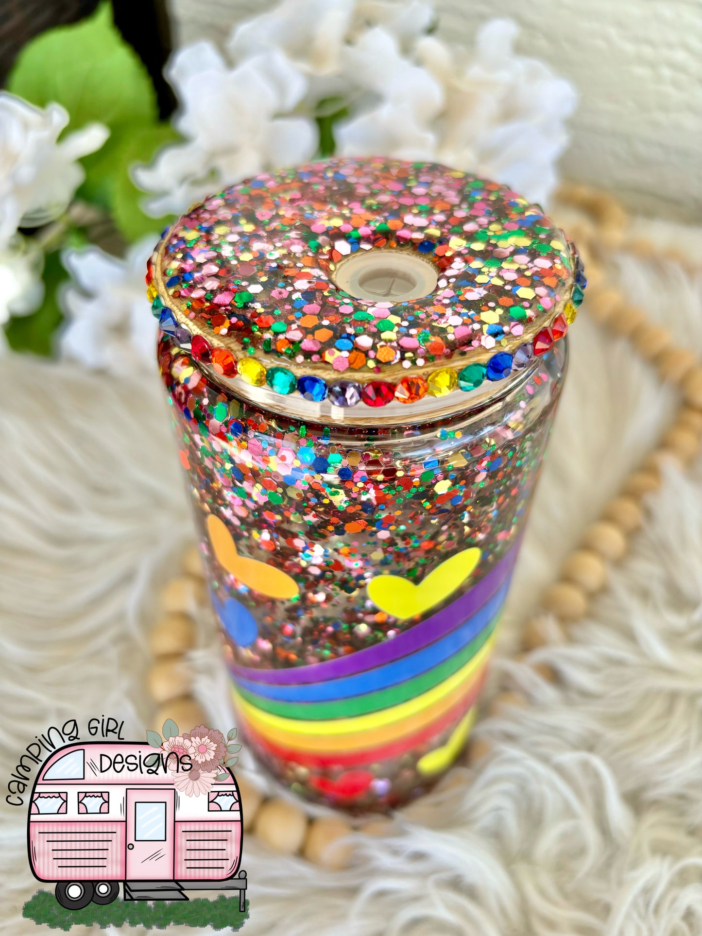 READY TO SHIP 16 oz Rainbow hearts glitter snowglobe glass tumbler