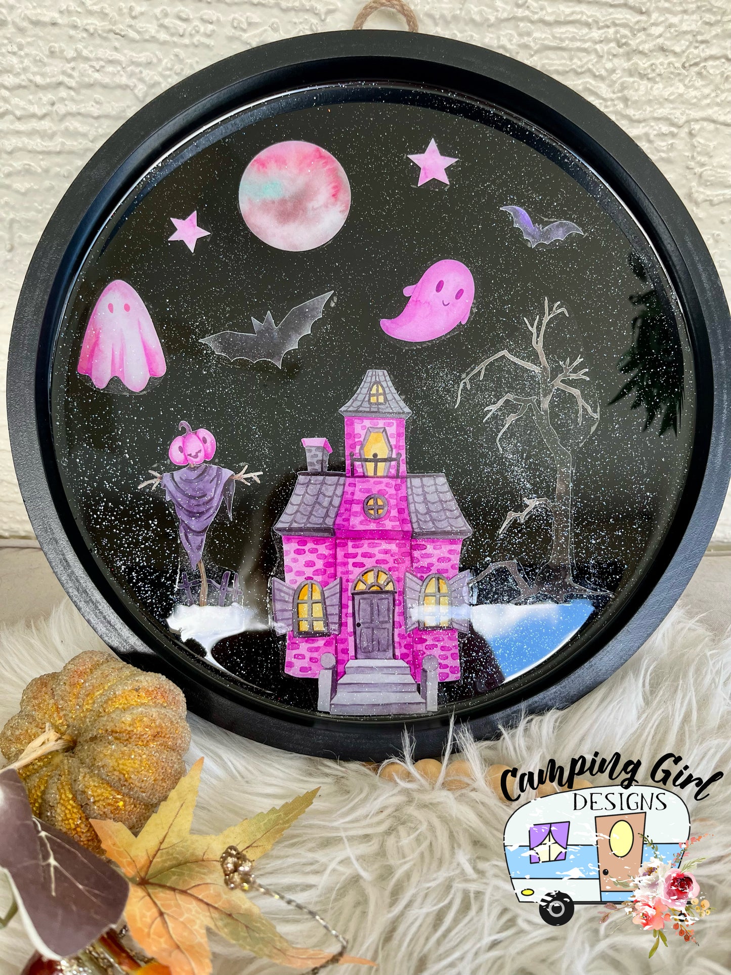 READY TO SHIP Wall Decor ~ Pink Halloween Haunted House Scene