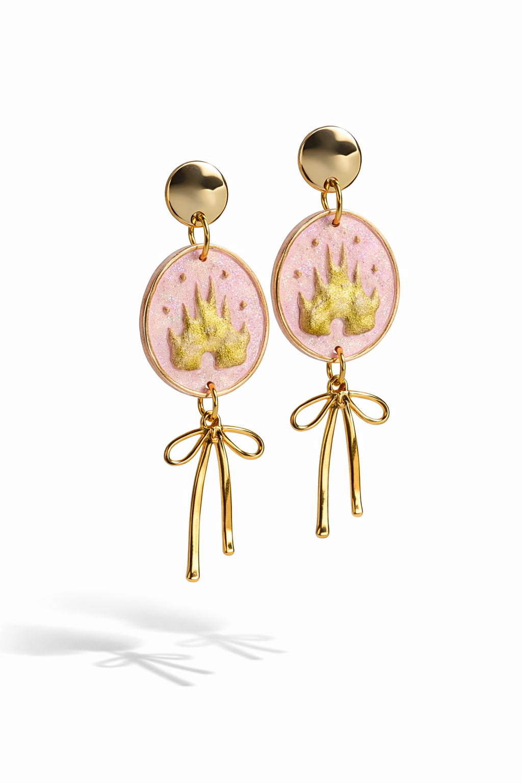 Pink and gold castle clay earrings