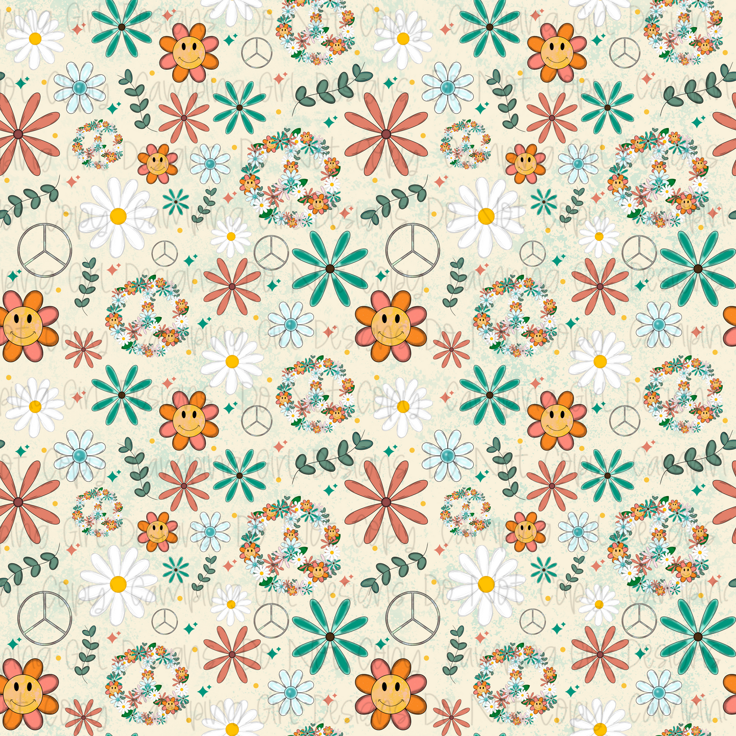 Hippie soul smiley peace 12x12 seamless PNG image