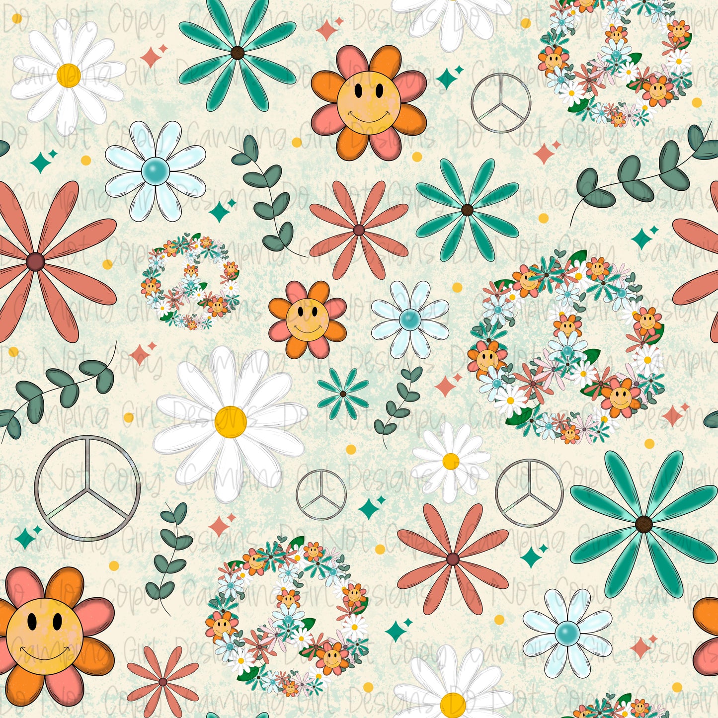 Hippie soul smiley peace 12x12 seamless PNG image