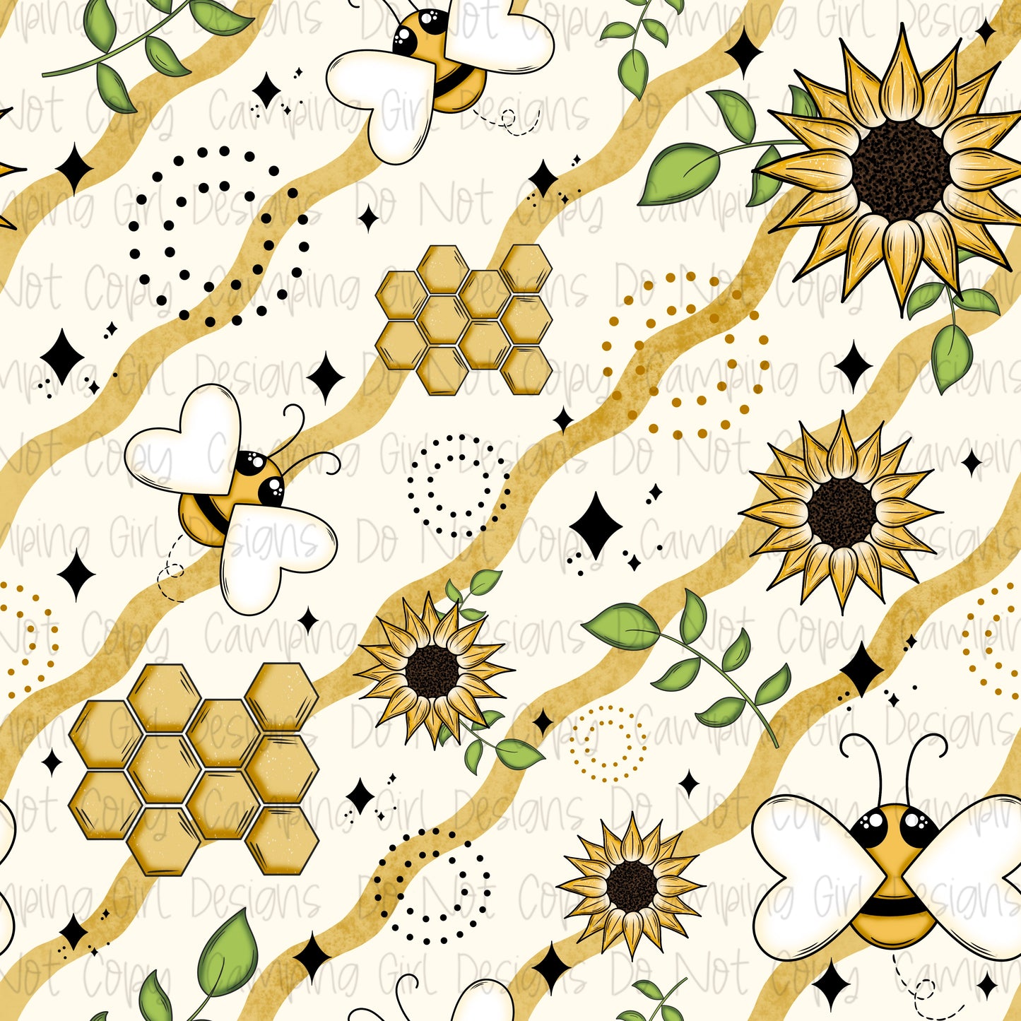 Bees and sunflowers 12x12 seamless PNG image