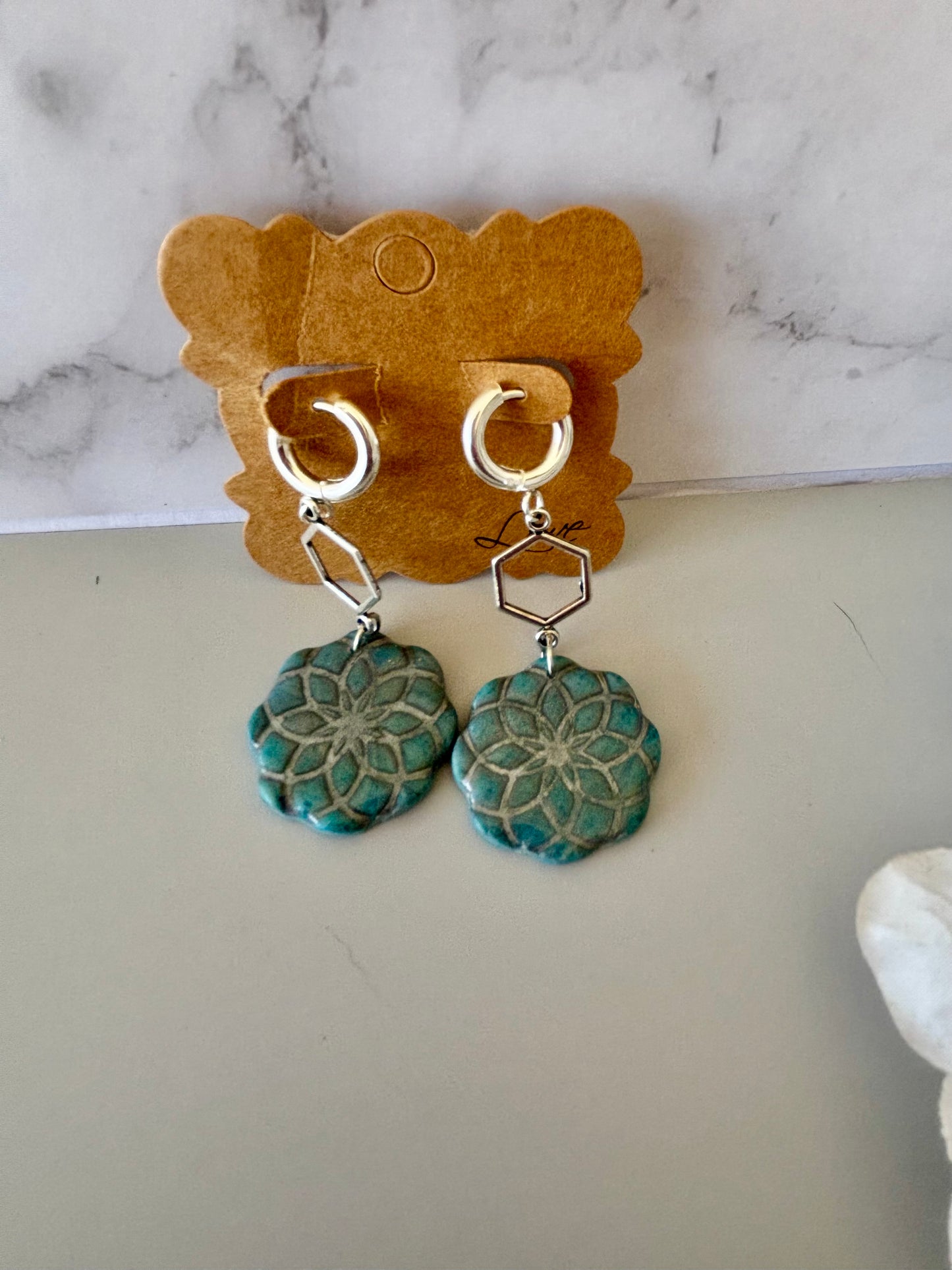 READY TO SHIP Blue Hexagon Clay Earrings