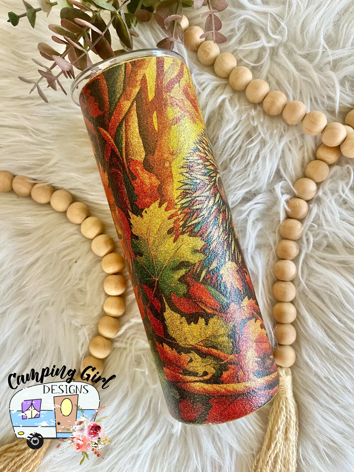 READY TO SHIP 20 oz Hedgehog Fall Leaves Gold Glitter sublimation tumbler