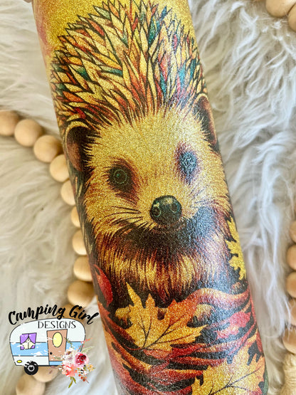 READY TO SHIP 20 oz Hedgehog Fall Leaves Gold Glitter sublimation tumbler