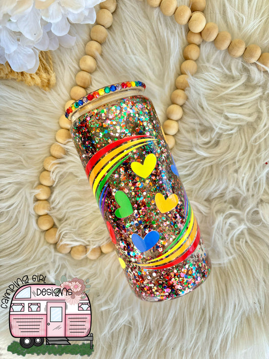 READY TO SHIP 16 oz Rainbow hearts glitter snowglobe glass tumbler