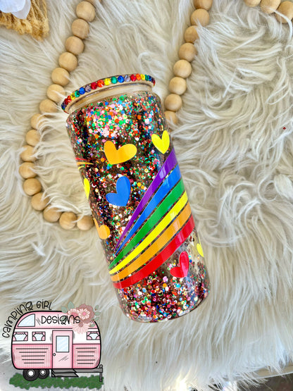 READY TO SHIP 16 oz Rainbow hearts glitter snowglobe glass tumbler