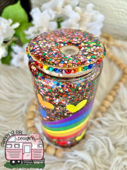 READY TO SHIP 16 oz Rainbow hearts glitter snowglobe glass tumbler