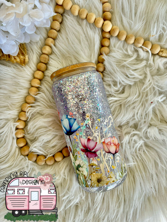 READY TO SHIP 16 oz Floral glitter snowglobe glass tumbler