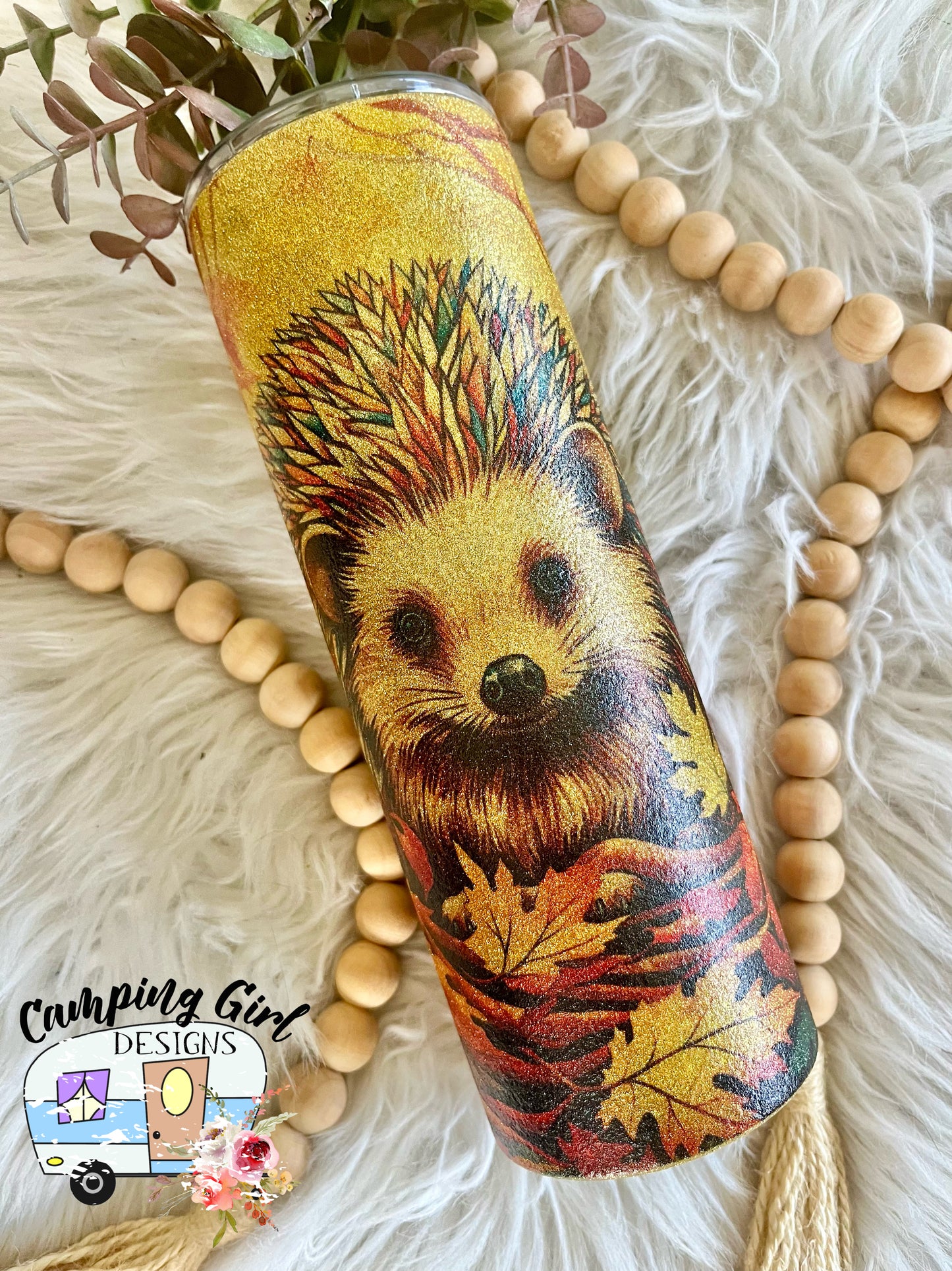 READY TO SHIP 20 oz Hedgehog Fall Leaves Gold Glitter sublimation tumbler