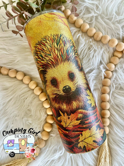READY TO SHIP 20 oz Hedgehog Fall Leaves Gold Glitter sublimation tumbler