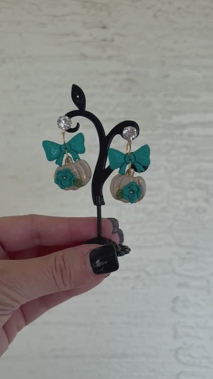 READY TO SHIP Teal and Cream Pumpkin Floral Bow Clay Earrings.