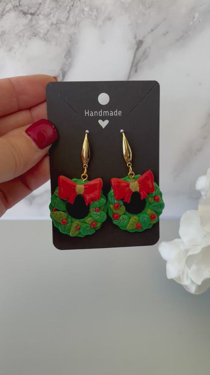 READY TO SHIP Christmas Wreath Clay Earrings