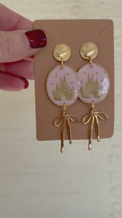 Pink and gold castle clay earrings