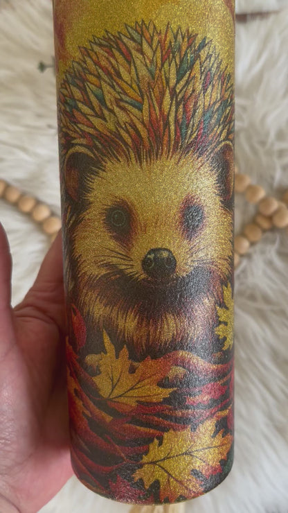 READY TO SHIP 20 oz Hedgehog Fall Leaves Gold Glitter sublimation tumbler
