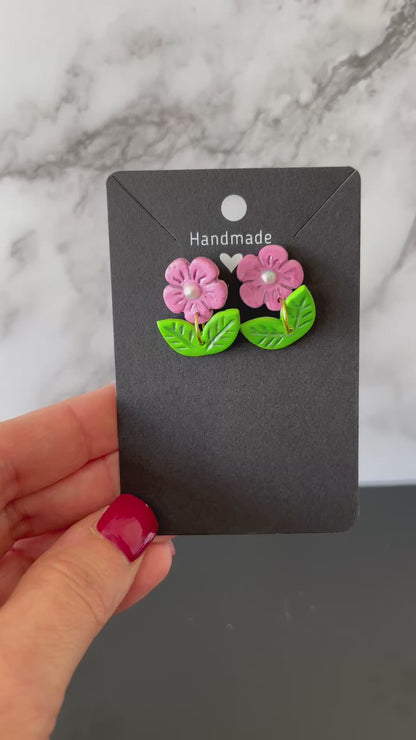 READY TO SHIP Pink Flower Clay Earrings