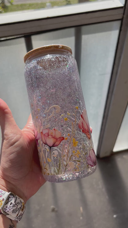 READY TO SHIP 16 oz Floral glitter snowglobe glass tumbler